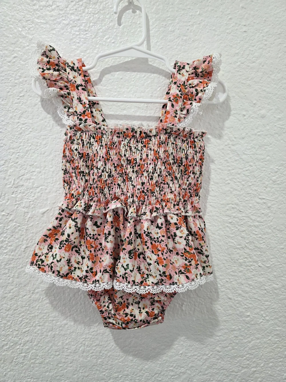 SHEIN Pink Floral Ruffle Smocked Romper